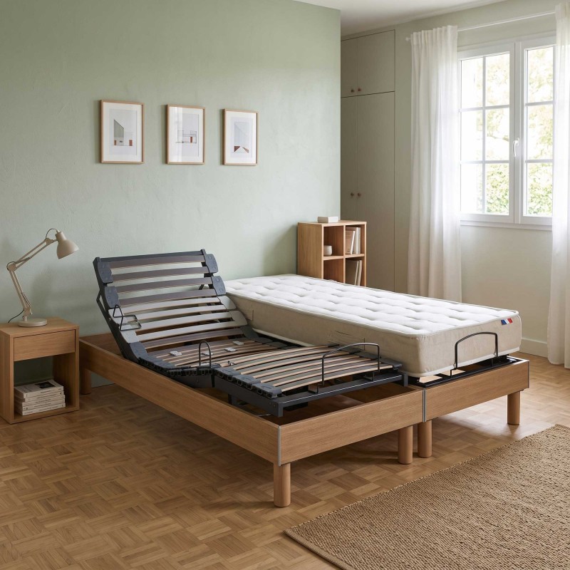 Ensemble lit électrique lattes | Chêne clair | Matelas latex