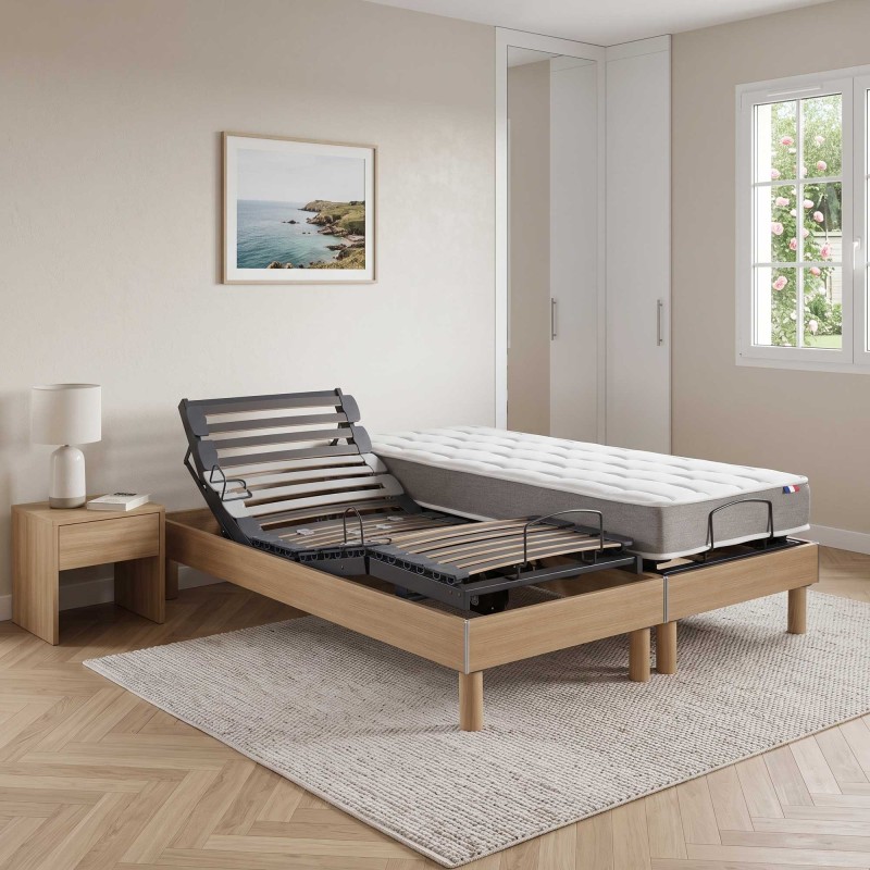 Ensemble lit électrique lattes | Chêne clair | Matelas mousse