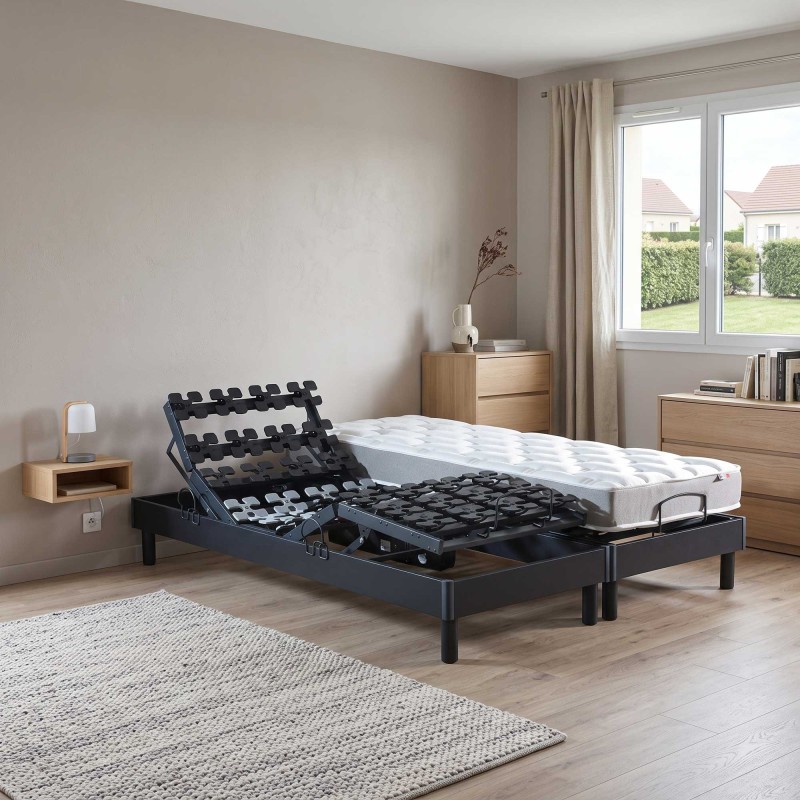 Ensemble lit électrique lattes | Gris anthracite | Matelas mousse