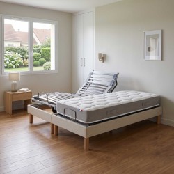 Ensemble lit électrique lattes | Beige | Matelas à mémoire de forme