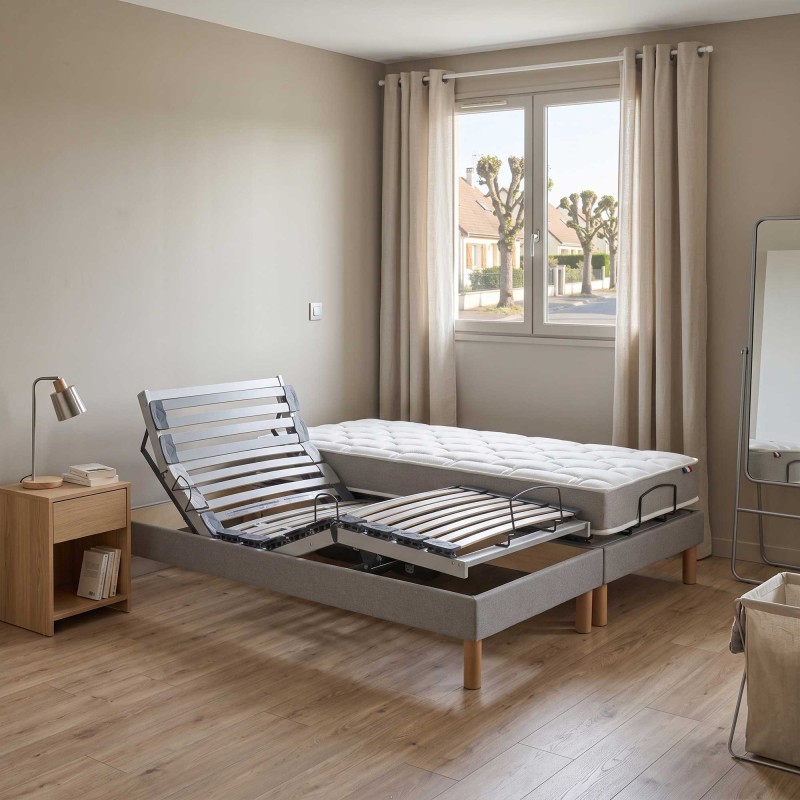 Ensemble lit électrique lattes | Gris | Matelas  mémoire de forme