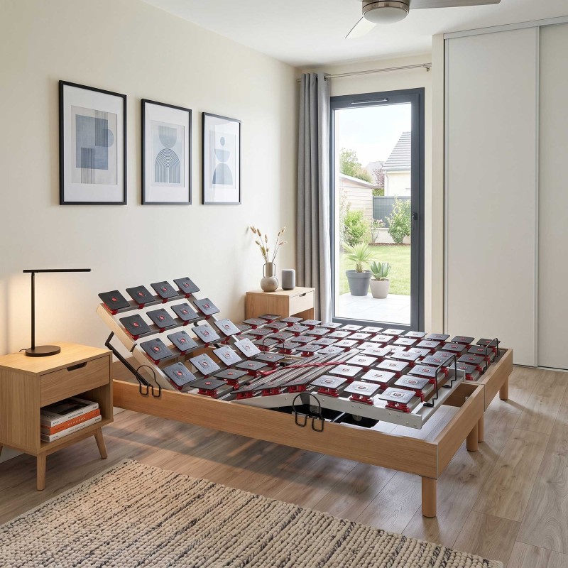 Lot de 2 lits électriques de relaxation à plots réglables chêne clair | RELAXSOM